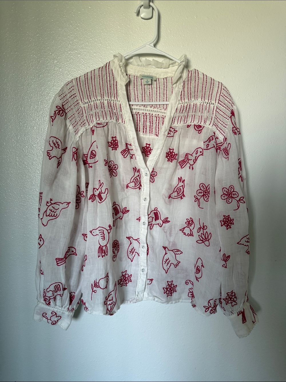 Sundance White Cotton Blouse with Red Bird & Floral Embroidery